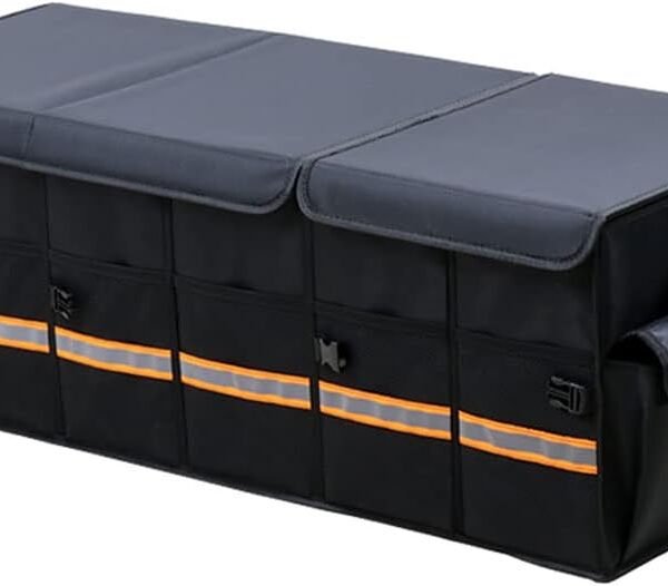 Car Trunk Organizer - Collapsible Trunk Organizer & Lid Foldable Cover Aluminium Alloy Handle Reflective Strip for Auto, SUV, Truck, Minivan (XL Black)