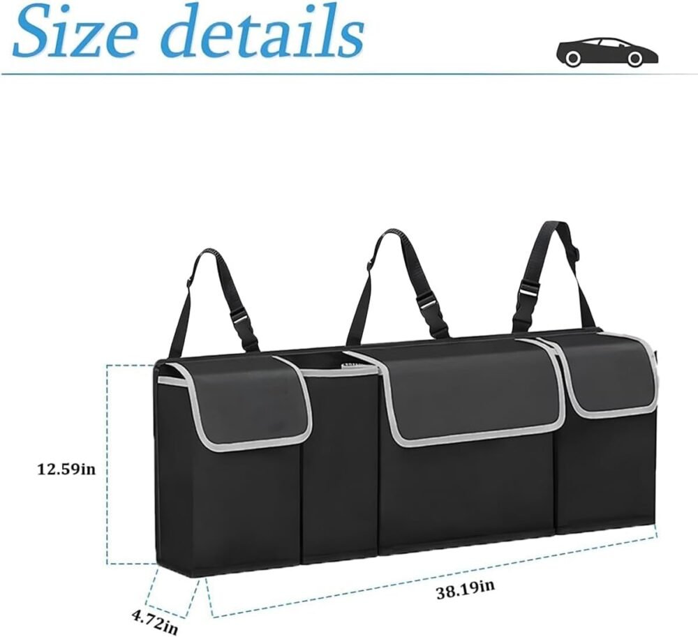 Car Trunk Organizer, Backseat Hanging Large Storage with Adjustable Straps, Waterproof Collapsible Cargo Bag with 4 Pockets, Sturdy Space Saver Frees Trunk Floor for SUV, Truck, MPV - Image 2