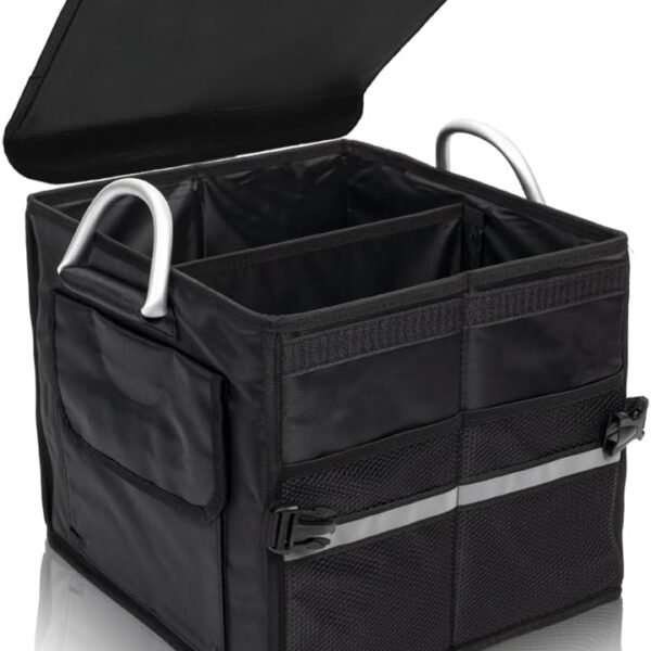 Trunk Organizer With Lid,Small,Black 28L,For SUV Car Truck,Collapsible Waterproof Oxford Fabric,Portable Multipurpose sorting,2-Compartments with Aluminium Alloy Handle