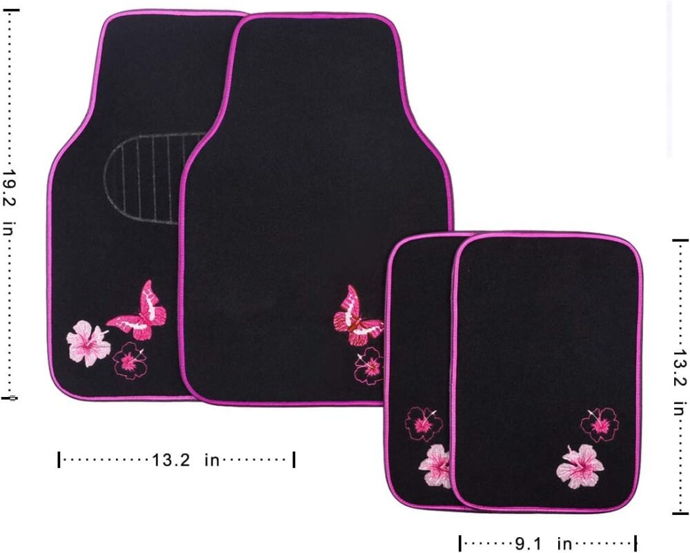 Embroidery Butterfly and Flower Car Floor Mats, Pink Car Floor Mats Universal Fit 95% Automotive,SUVS,Sedan,Vans,for Cute Women,Girly,Set of 4 (Black with Pink) - Image 2