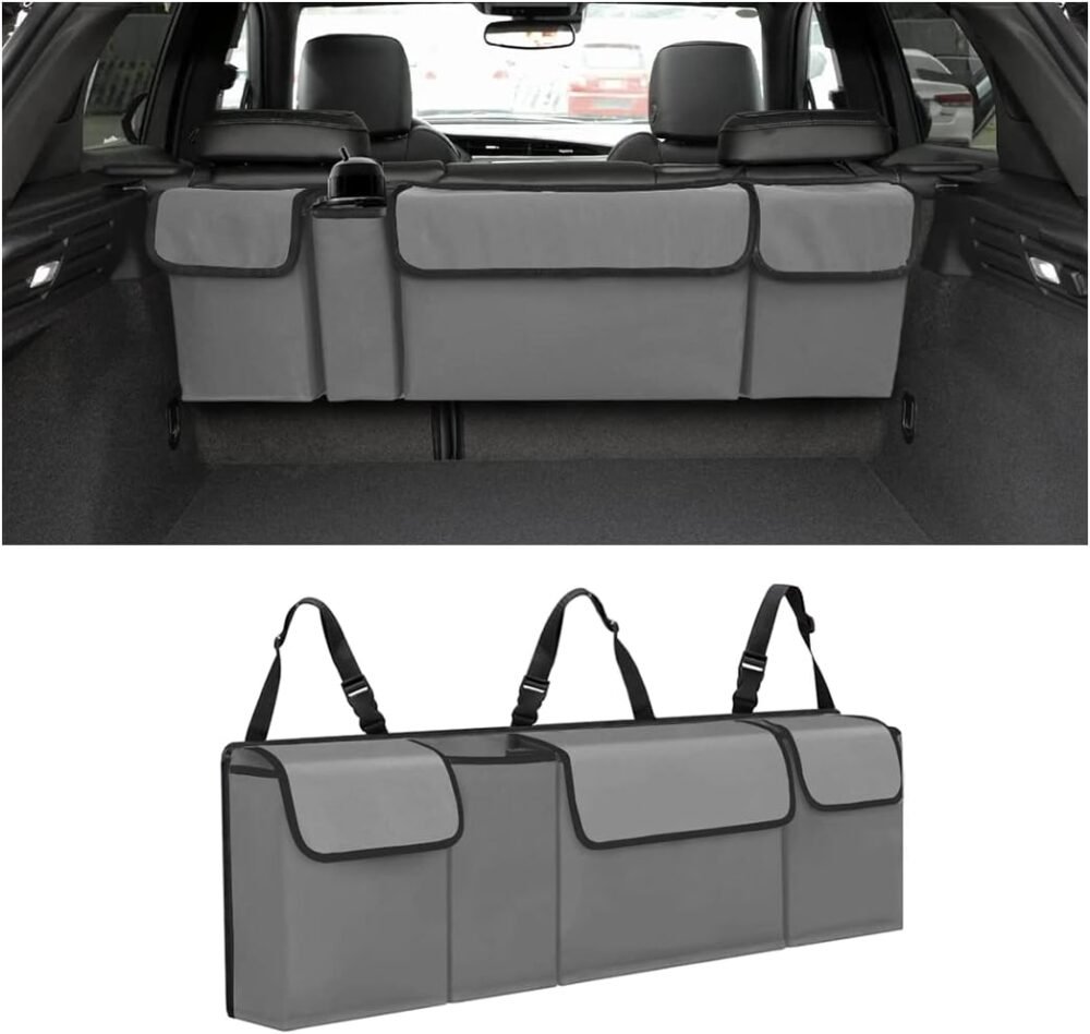 Car Trunk Organizer, Backseat Hanging Large Storage with Adjustable Straps, Waterproof Collapsible Cargo Bag with 4 Pockets, Sturdy Space Saver Frees Trunk Floor for SUV, Truck, MPV