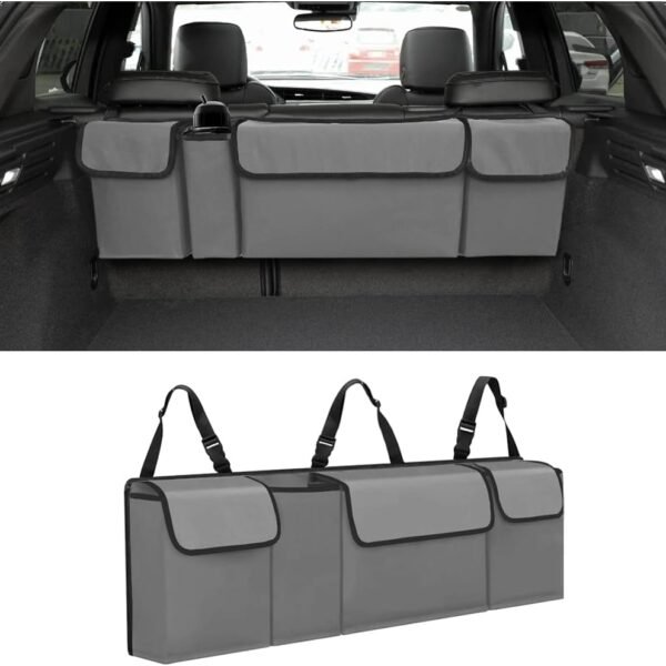 Car Trunk Organizer, Backseat Hanging Large Storage with Adjustable Straps, Waterproof Collapsible Cargo Bag with 4 Pockets, Sturdy Space Saver Frees Trunk Floor for SUV, Truck, MPV