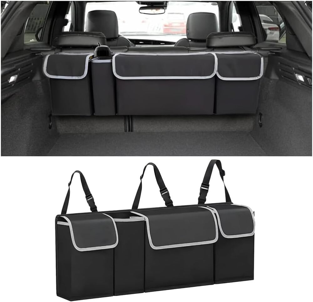 Car Trunk Organizer, Backseat Hanging Large Storage with Adjustable Straps, Waterproof Collapsible Cargo Bag with 4 Pockets, Sturdy Space Saver Frees Trunk Floor for SUV, Truck, MPV