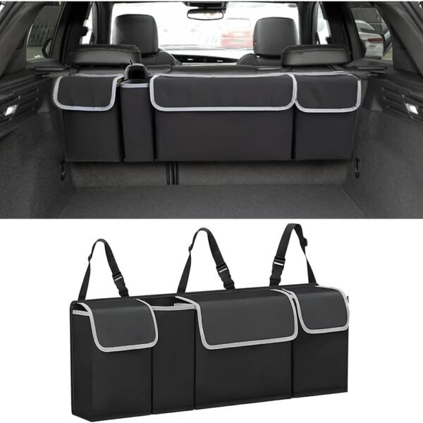 Car Trunk Organizer, Backseat Hanging Large Storage with Adjustable Straps, Waterproof Collapsible Cargo Bag with 4 Pockets, Sturdy Space Saver Frees Trunk Floor for SUV, Truck, MPV