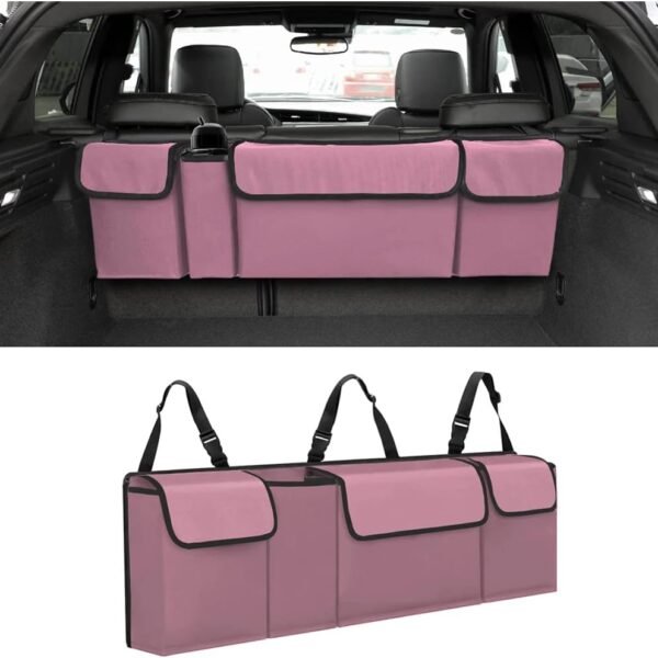 Car Trunk Organizer, Backseat Hanging Large Storage with Adjustable Straps, Waterproof Collapsible Cargo Bag with 4 Pockets, Sturdy Space Saver Frees Trunk Floor for SUV, Truck, MPV