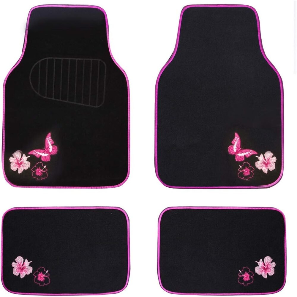 Embroidery Butterfly and Flower Car Floor Mats, Pink Car Floor Mats Universal Fit 95% Automotive,SUVS,Sedan,Vans,for Cute Women,Girly,Set of 4 (Black with Pink)
