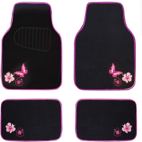 Embroidery Butterfly and Flower Car Floor Mats, Pink Car Floor Mats Universal Fit 95% Automotive,SUVS,Sedan,Vans,for Cute Women,Girly,Set of 4 (Black with Pink)