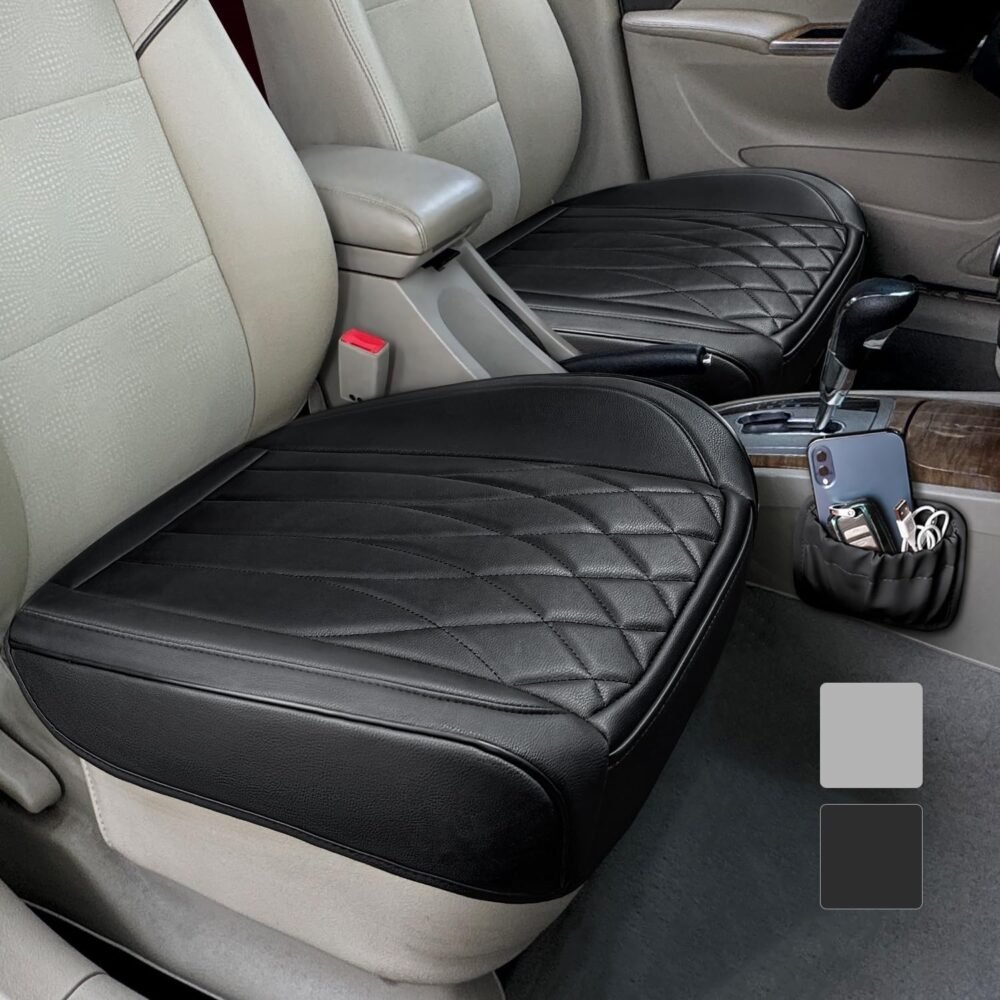 2 Pack Leather Front Car Seat Cover Bottom Car Seat, Universal Anti-Slip Driver Car Seat Protectors with Storage Pocket, Waterproof Bottom Auto Seat Cushion Pad Mat for Most Vehicles(Black)