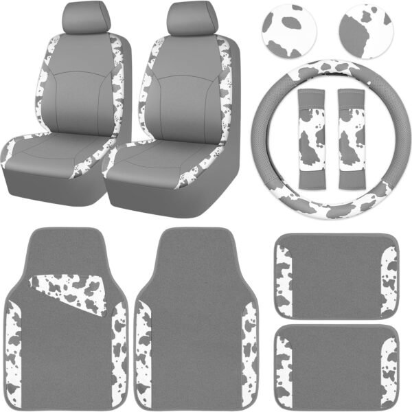 Cow Print Faux Leather Car Seat Covers & Cow Car Mats & Cow Steering Wheel Cover Seat Belt Pads Universal fit for SUV,Van,Saden,Truck Cute Car Accessories Automobile Interior Sets All Gray