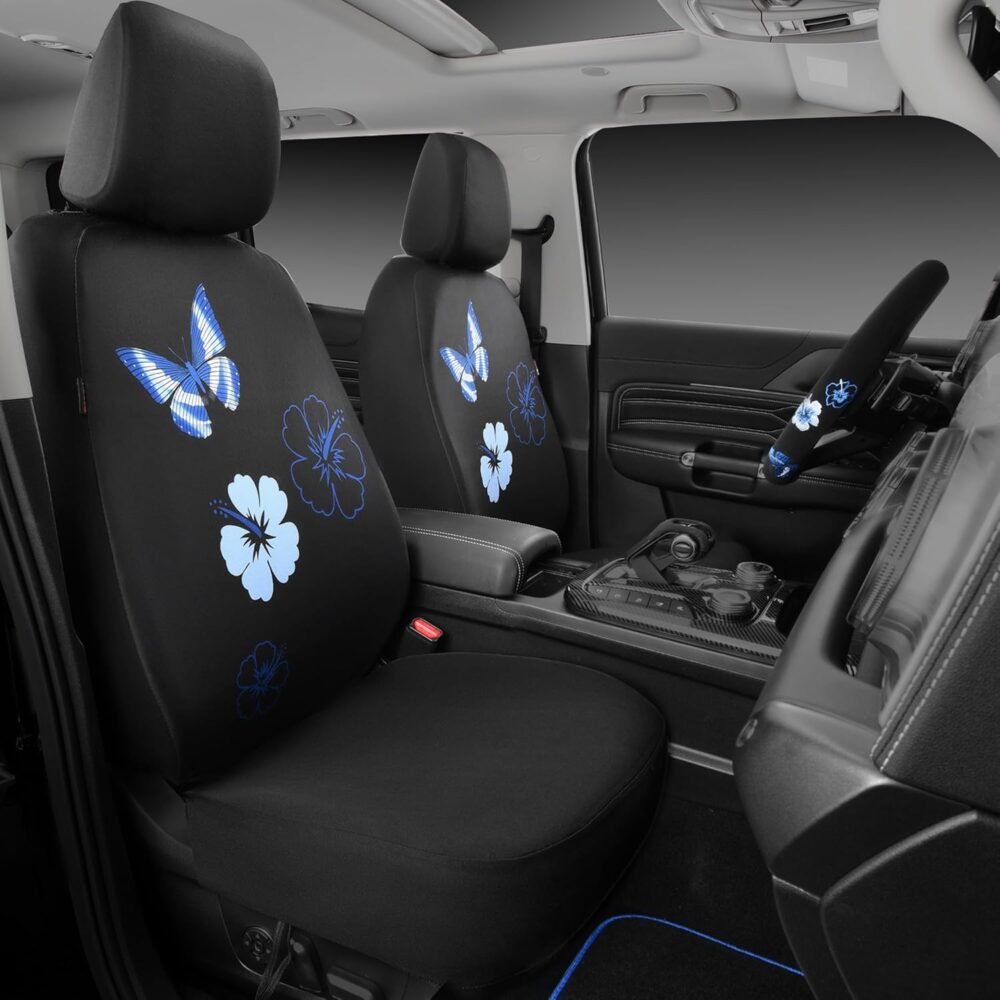 Blue Butterfly Car Seat Covers Full Set, Embroidered Flower Waterproof Car Floor Mats Carpet, Butterflies Steering Wheel Cover for Universal Car Accessories Interior Sets (Black and Blue) - Image 2
