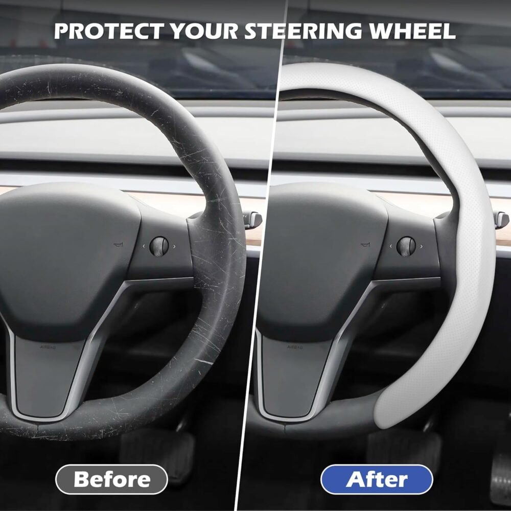 Genuine Leather Steering Wheel Cover — Universal 15-Inch Premium Non-Slip Steering Wheel Wrap (White) - Image 2