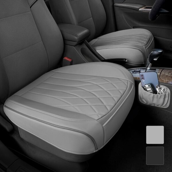 2 Pack Leather Front Car Seat Cover Bottom Car Seat, Universal Anti-Slip Driver Car Seat Protectors with Storage Pocket, Waterproof Bottom Auto Seat Cushion Pad Mat for Most Vehicles(Gray)