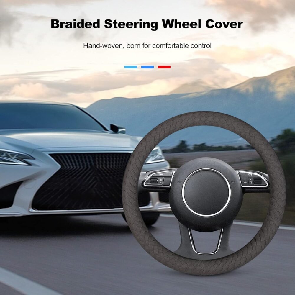 Braided Steering Wheel Cover (Round): Microfiber Suede Material, Warm for Winter Use, Sporty Style, Protective Cover, Non-slip, Breathable, Stylish Design — 38cm (15-inch) — Blue & Red Color Scheme - Image 2