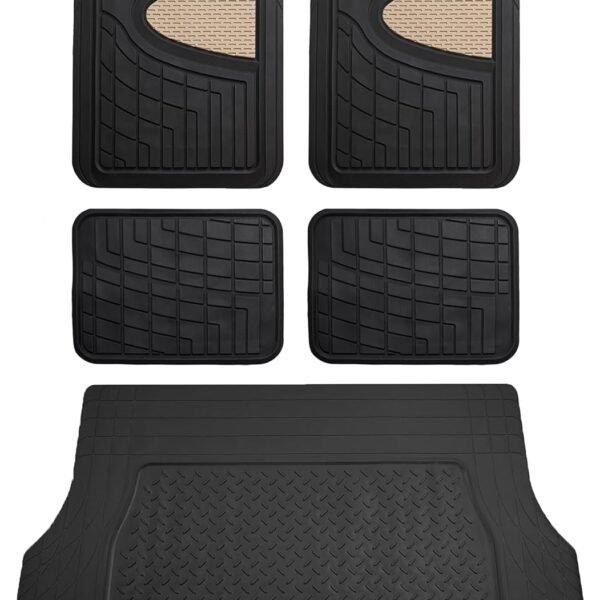Tall Channel Trimmable All Weather Rubber Full Set Car Floor Mats (Beige) w. Trimmable All-Season Cargo Liner (Black) - Universal Fit for Cars Trucks and SUVs