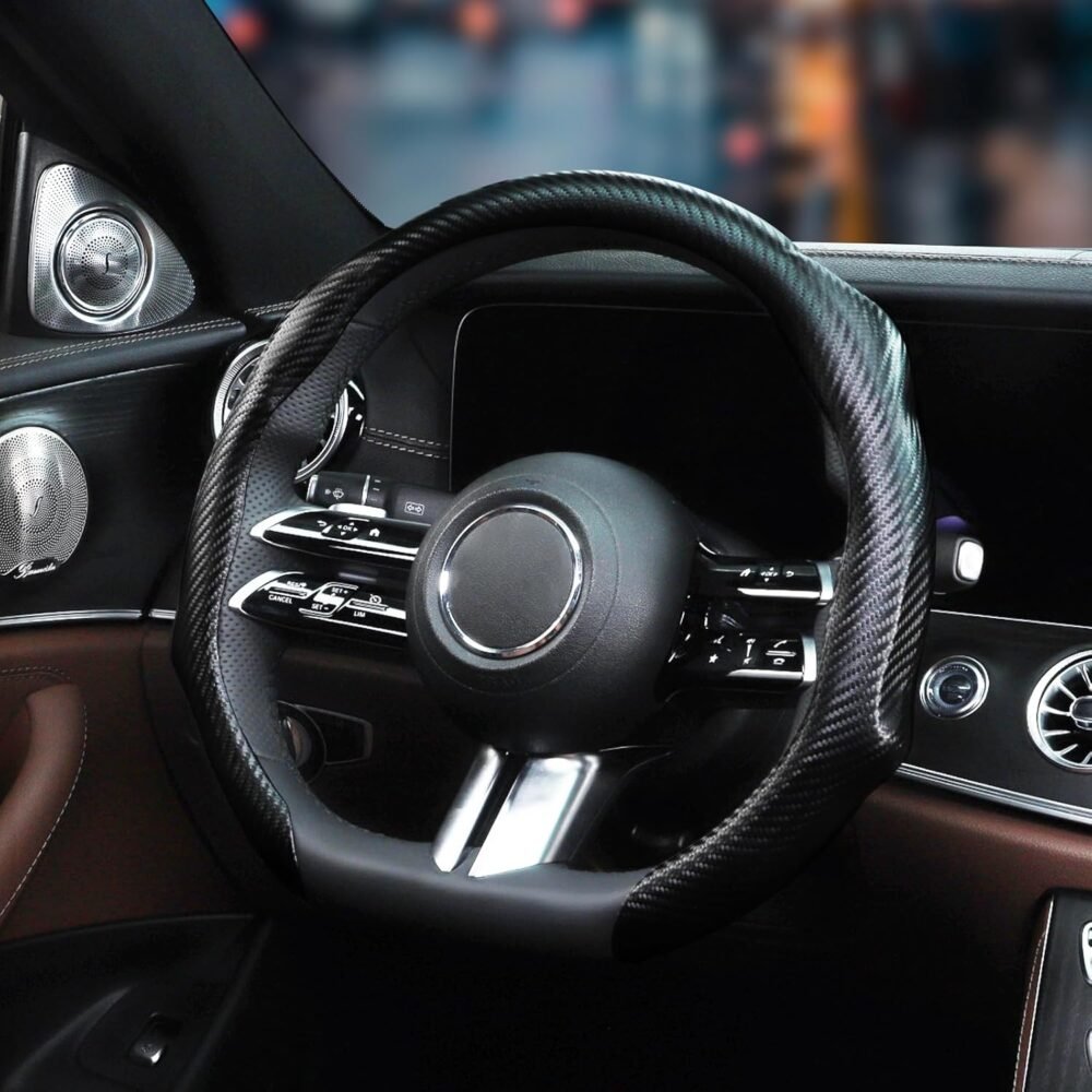 Car Steering Wheel Cover – Carbon Fiber Steering Wheel Protector, 5D Sporty Non-Slip Design, Comfortable & Breathable Interior Accessory, Universal Fit for 14.5–15 Inch Steering Wheels - Image 2