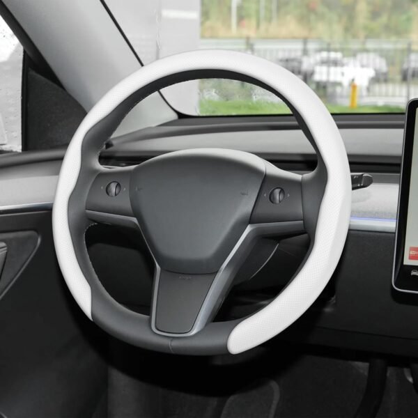 Genuine Leather Steering Wheel Cover — Universal 15-Inch Premium Non-Slip Steering Wheel Wrap (White)