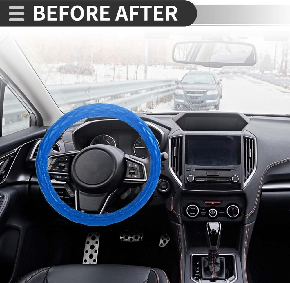 Universal Car Steering Wheel Cover/Protector – Fits Steering Wheels with 47.5–48.9 cm Diameter, Sweat-Resistant Design, Faux Leather & Rubber Material (Blue) - Image 2