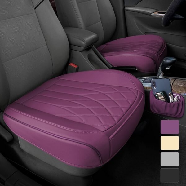 2 Pack Leather Front Car Seat Cover Bottom Car Seat, Universal Anti-Slip Driver Car Seat Protectors with Storage Pocket, Waterproof Bottom Auto Seat Cushion Pad Mat for Most Vehicles(Purple)