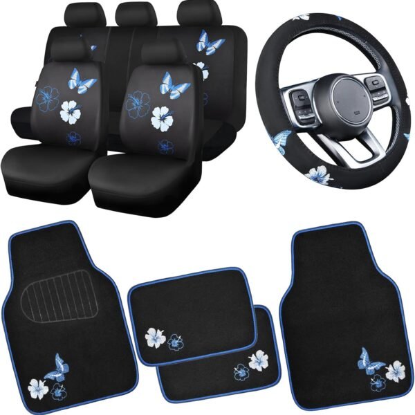 Blue Butterfly Car Seat Covers Full Set, Embroidered Flower Waterproof Car Floor Mats Carpet, Butterflies Steering Wheel Cover for Universal Car Accessories Interior Sets (Black and Blue)