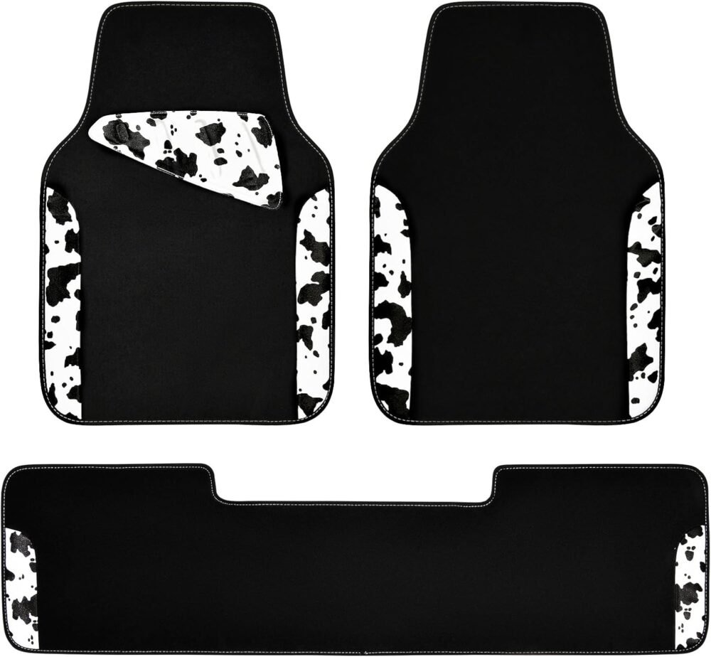 Waterproof Universal 3Pcs Car Floor Mats, Cow Print Car Mats Fit for SUV,Vans,sedans, Trucks,Set of Vehicles Car Carpet with Driver Heel Pad and Nibs Backing, Cute Women Girly (Black White)