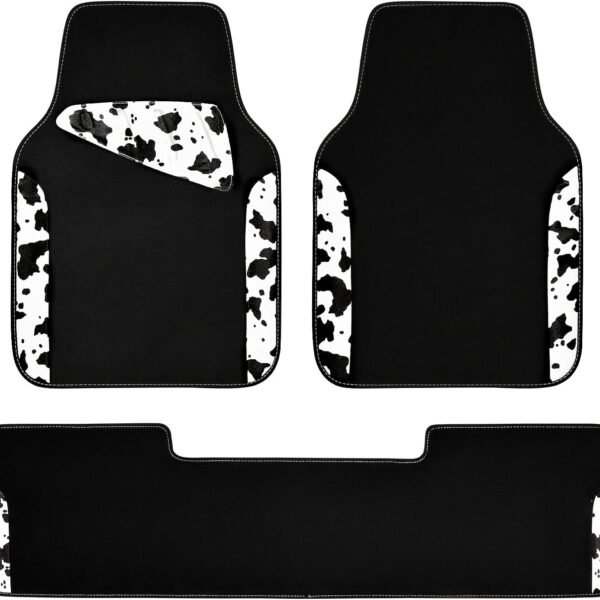 Waterproof Universal 3Pcs Car Floor Mats, Cow Print Car Mats Fit for SUV,Vans,sedans, Trucks,Set of Vehicles Car Carpet with Driver Heel Pad and Nibs Backing, Cute Women Girly (Black White)