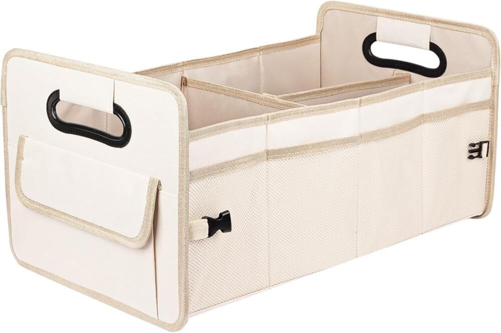 Car Trunk Organizer, Car Organizers and Storage Collapsible Multi Compartment Container Box, Adjustable Car Accessories for SUV Sedan Truck, Standard Size, Beige