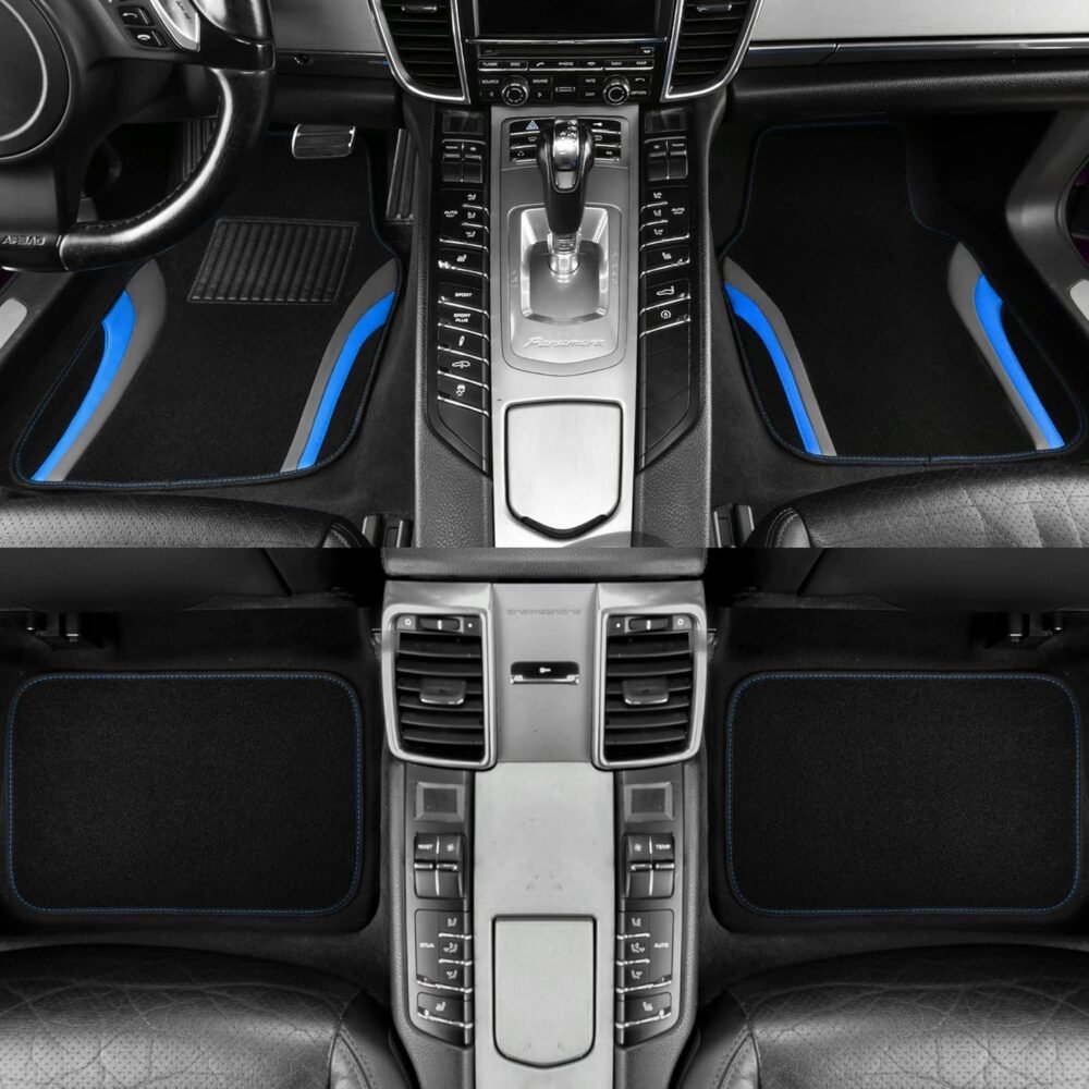 Leather Sporty Car Floor Mats Carpet, Universal Waterproof Automotive Floor Mat Fit for Sedans, Cars, Mid Trucks, Vans, SUV, Set of 4 (Black and Blue) - Image 2