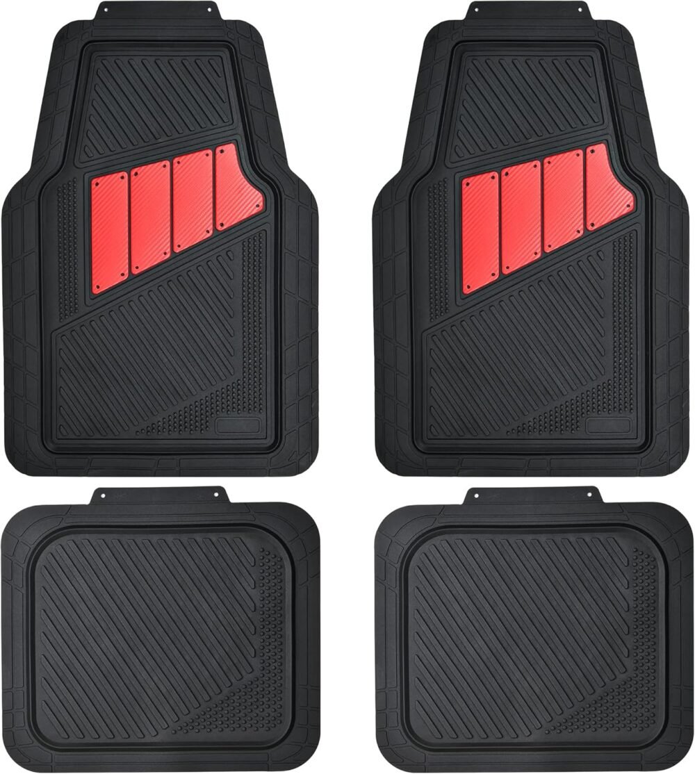 Heavy Duty Rubber Floor Mats 4-Piece Car Mat Set - Universal Waterproof Carbon Fiber Floor Mats for Car SUV Truck, Durable All-Weather Mats(Black and Red)