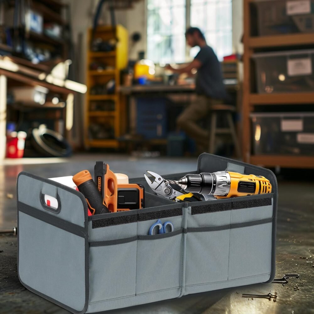 2 Compartments Car Trunk Organizer with Lid, 600D Oxford Polyester Car Storage, Anti-slip Collapsible Trunk Storage, Suitable for SUV, Minivan, Truck, Grey-Green - Image 2