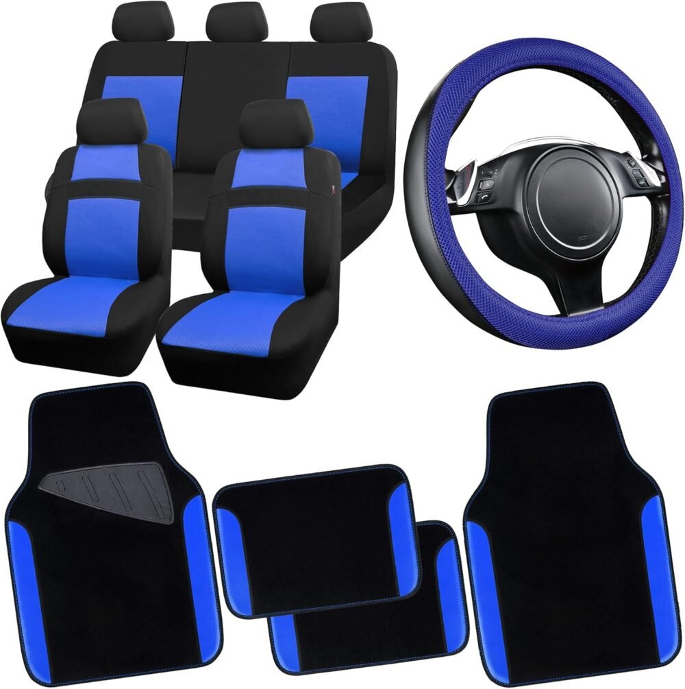 3D Air Mesh Car Seat Covers Full Sets w/5mm Sponge, 4Pcs Waterproof Car Floor Mats, Steering Wheel Cover Universal Fit for SUV Sedan Truck, Airbag Compatible Automotive Interior(black & blue)