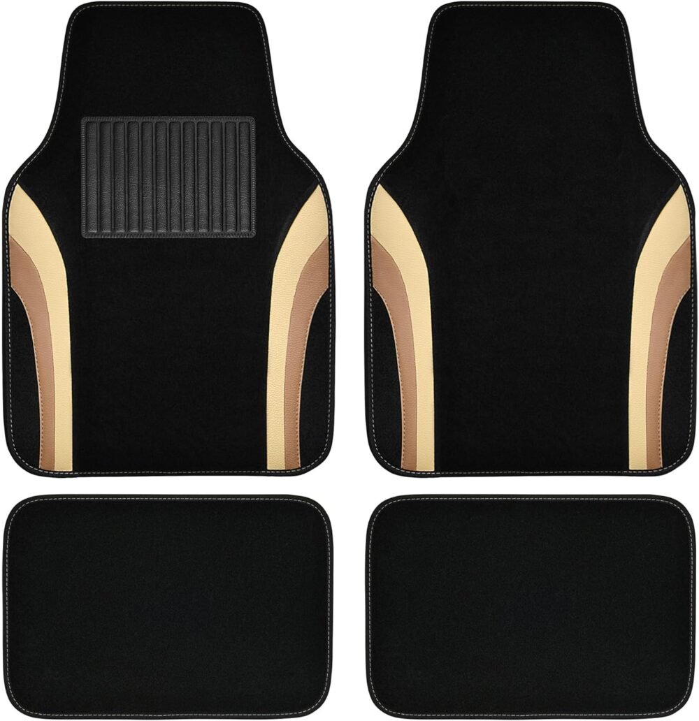 Beige Leather Car Floor Mats, Sporty Waterproof Car Carpet,Universal Automotive Floor Mats Fit for Sedans, Cars, Mid Trucks, Vans, SUV, Set of 4 (Black and Beige)