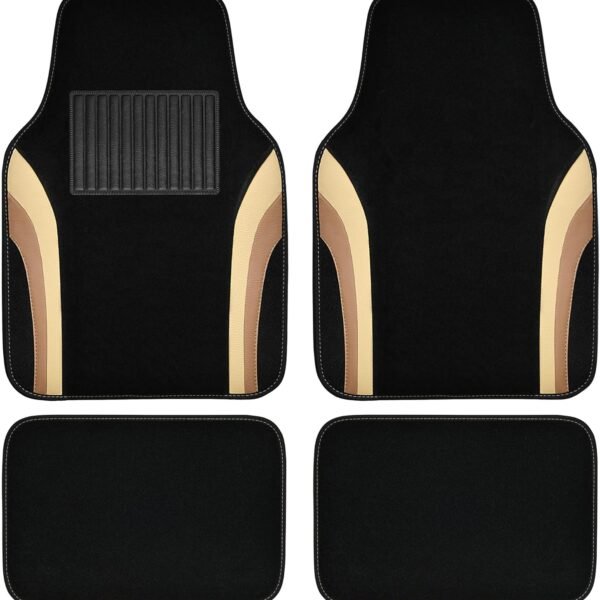 Beige Leather Car Floor Mats, Sporty Waterproof Car Carpet,Universal Automotive Floor Mats Fit for Sedans, Cars, Mid Trucks, Vans, SUV, Set of 4 (Black and Beige)