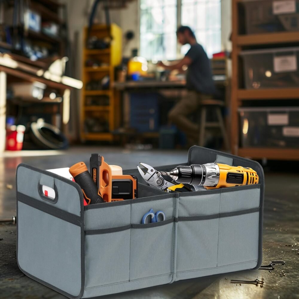 Trunk Organizer for Car/SUV/Truck, Collapsible 2 Compartment Automotive Storage Box, 600D Waterproof Oxford Polyester 50L Travel Accessories, Anti-slip & Leak-proof, Grey-Green - Image 2