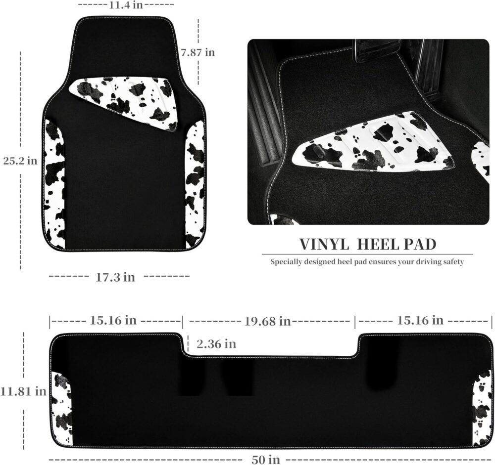 Waterproof Universal 3Pcs Car Floor Mats, Cow Print Car Mats Fit for SUV,Vans,sedans, Trucks,Set of Vehicles Car Carpet with Driver Heel Pad and Nibs Backing, Cute Women Girly (Black White) - Image 2