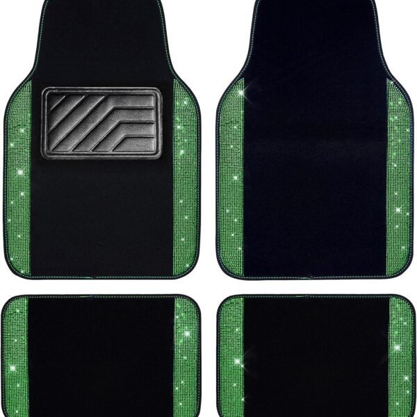 Shining Rhinestones Carpet, Crystal Diamond Sparkly Glitter Car Floor Mats with Anti-Slip PVC Heel Pad Automotive Universal for SUV,Sedan,Car,Van,4pcs for Girl Women Green Diamond