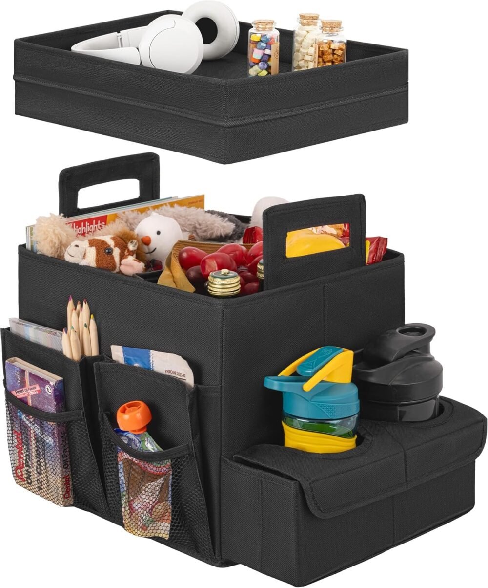 Trunk Organizer for Car, Car Organizer with Cup Holder, Seat Back Storage with Lid, Medium, Black, 1-Pack