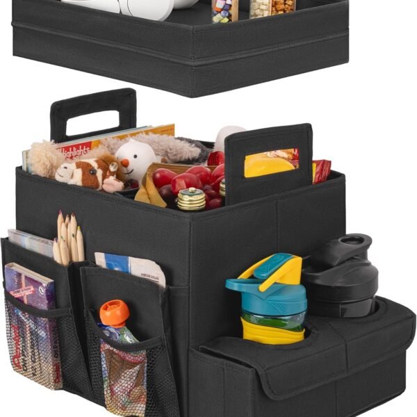 Trunk Organizer for Car, Car Organizer with Cup Holder, Seat Back Storage with Lid, Medium, Black, 1-Pack