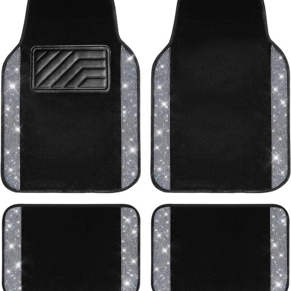 Car Floor Mats, Shining Rhinestone Carpet Sparkly Glitter Crystal with Anti-Slip PVC Heel Pad Waterproof Universal Fit Automotive SUV,Sedan,Van,Cute Girl Women,4pcs Black Sliver