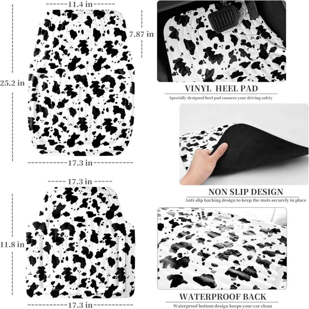 Leather Cow Print Car Floor Mats, 3D Waterproof All Weather, Universal Trim to Fit & Anti-Slip Burr Bottom, Safety & Light Easy Clean Install for SUV Truck Auto Sedan Van (Cow Print) - Image 2