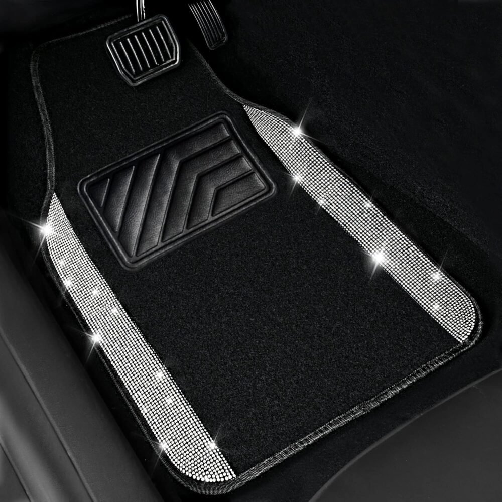 Car Floor Mats, Shining Rhinestone Carpet Sparkly Glitter Crystal with Anti-Slip PVC Heel Pad Waterproof Universal Fit Automotive SUV,Sedan,Van,Cute Girl Women,4pcs Black Sliver - Image 2