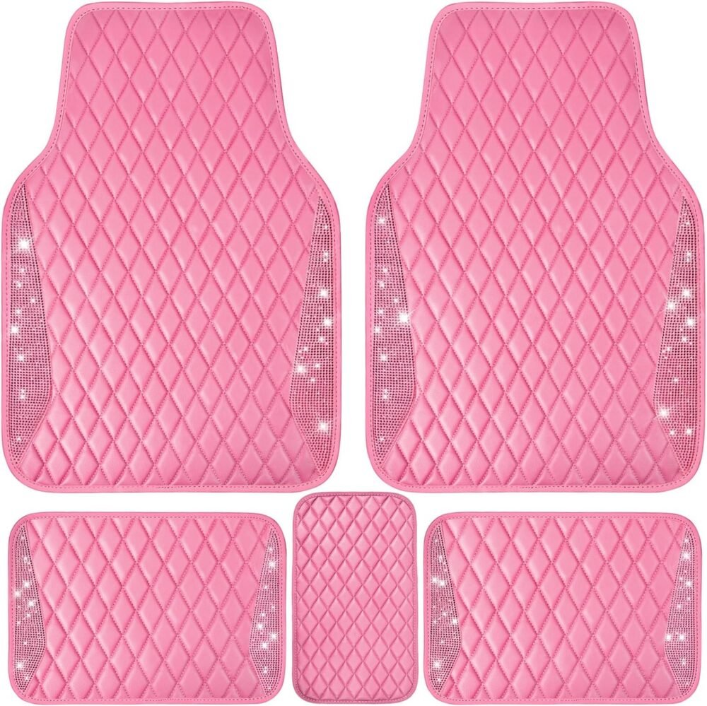 Leather Car Mats Shining Diamond Floor Mats Crystal Rhinestones Sparkly Glitter Carpet Anti-Slip Waterproof Pad Universal Fit for Automotive SUV, Sedan, Van, 5pcs for Girl Women Pink