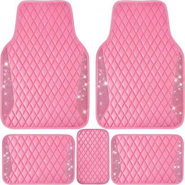 Leather Car Mats Shining Diamond Floor Mats Crystal Rhinestones Sparkly Glitter Carpet Anti-Slip Waterproof Pad Universal Fit for Automotive SUV, Sedan, Van, 5pcs for Girl Women Pink