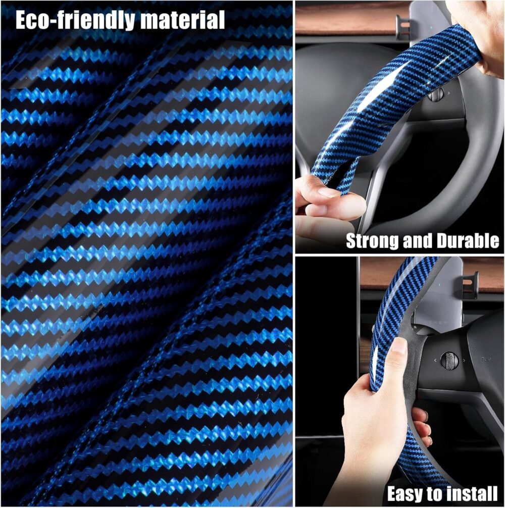 Car Steering Wheel Cover — Glossy Carbon Fiber Style, Non-Slip Steering Wheel Wrap, Universal Fit for 14.5–15 Inch Steering Wheels, Interior Protection Accessory (Blue) - Image 2