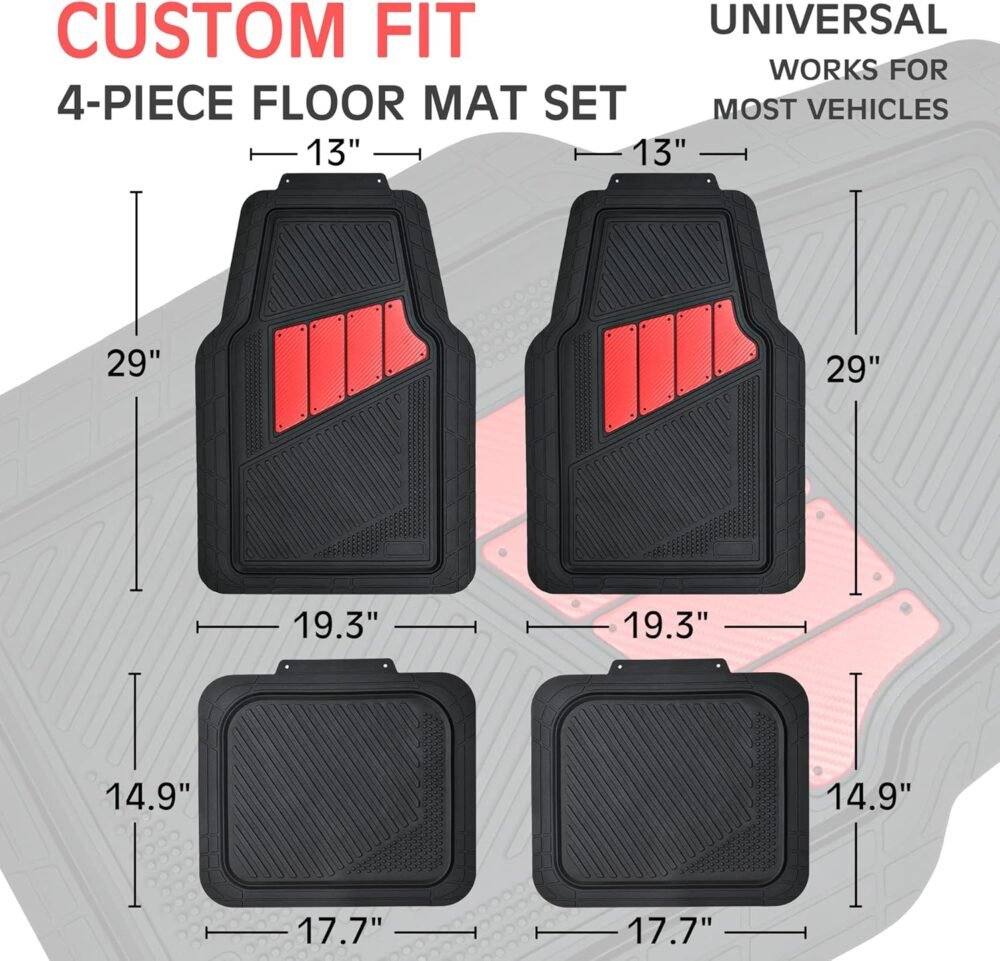 Heavy Duty Rubber Floor Mats 4-Piece Car Mat Set - Universal Waterproof Carbon Fiber Floor Mats for Car SUV Truck, Durable All-Weather Mats(Black and Red) - Image 2
