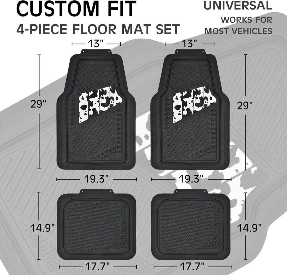 Heavy Duty Rubber Floor Mats Cow Print Car Mats 4-Piece Car Mat Set - Universal Waterproof Floor Mats for Car SUV Truck, Durable All-Weather Mats - Image 2