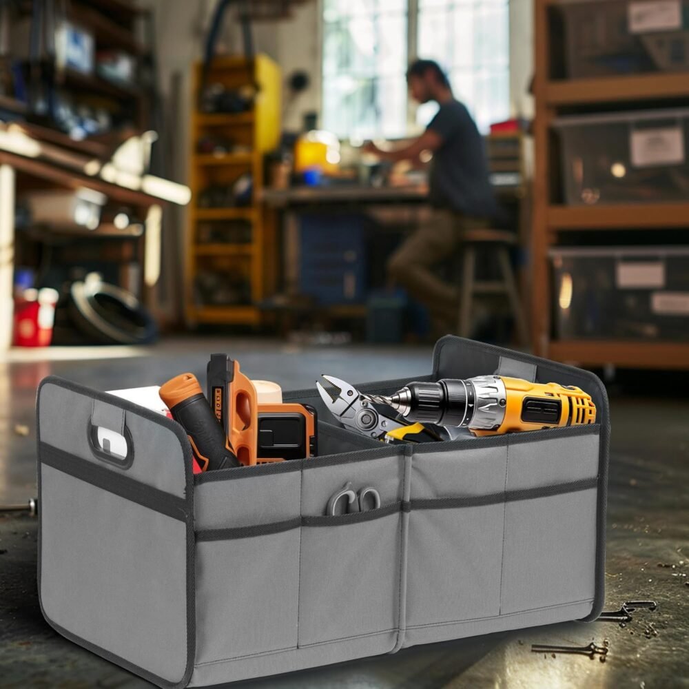 2 Compartments Car Trunk Organizer, 600D Oxford Polyester Car Storage, Anti-slip 14" D x 22" W x 12" H Collapsible Trunk Storage, Suitable for SUV, Minivan, Truck, Grey - Image 2