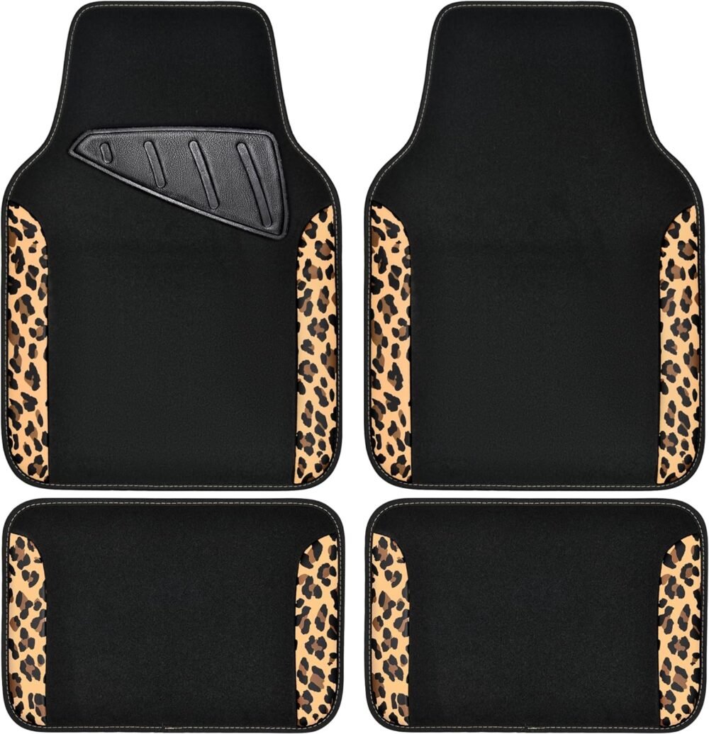 Waterproof Universal Fit Car Floor Mats, Leopard Print Car Mats Fit for SUV,Vans,sedans, Trucks,Set of 4pcs Car Carpet with Driver Heel Pad and Nibs Backing,for Cute Women Girl Brown Leopard