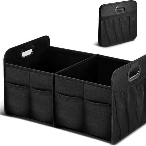 Trunk Organizer for Car/SUV, Collapsible 600D Waterproof Oxford Polyester 50L Storage Box, 2 Compartments Multipurpose Travel Accessories, Anti-slip & Leak-proof, Black New