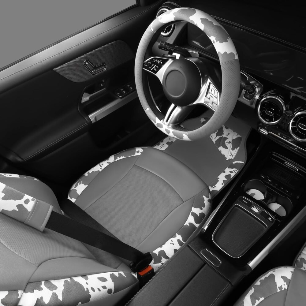 Cow Print Faux Leather Car Seat Covers & Cow Car Mats & Cow Steering Wheel Cover Seat Belt Pads Universal fit for SUV,Van,Saden,Truck Cute Car Accessories Automobile Interior Sets All Gray - Image 2