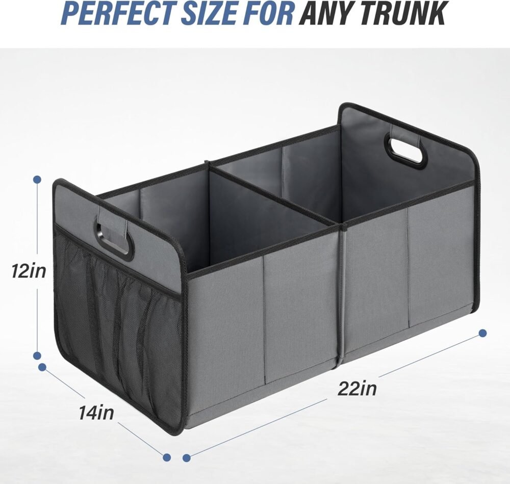 Car Trunk Organizer, Collapsible 2 Compartments Trunk Storage, Anti-slip Design, Made of Waterproof 600D Oxford Polyester, Suitable for SUV, Minivan, Truck, Standard Size, Grey - Image 2